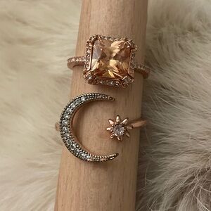 Vintage Rose Gold Plated Rings Set Moon Flower Star Cushion Pink Gemstone